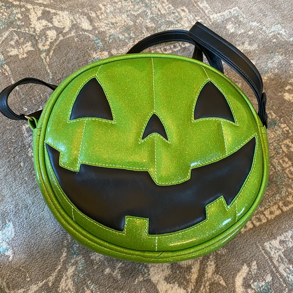 Love Pain and Stitches, Hand Crafted, green glitter happy face bag.